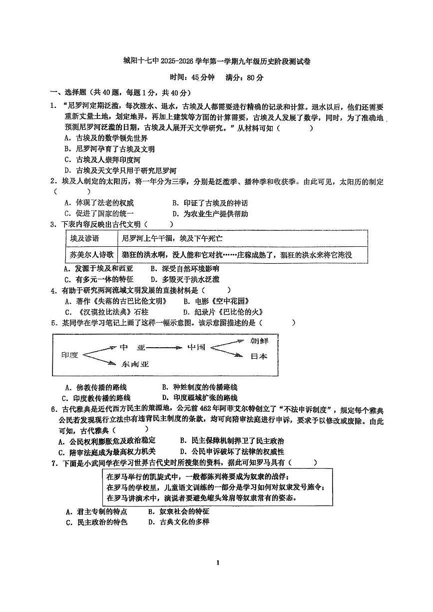 山东省青岛市城阳第十七中学2025-2026学年九年级上学期10月月考历史试题第1页