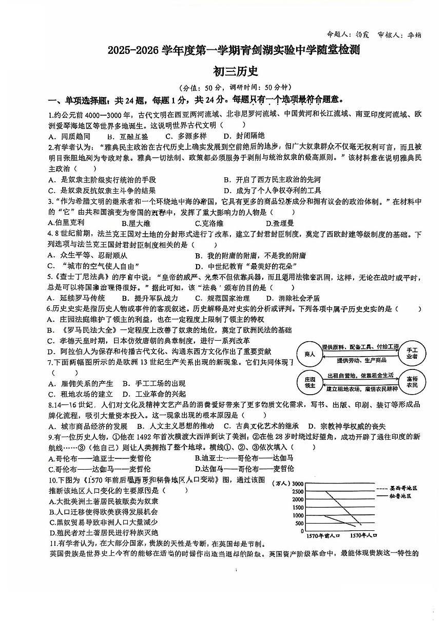 江苏省苏州工业园区青剑湖实验中学2025-2026学年九年级上学期10月月考历史试题第1页