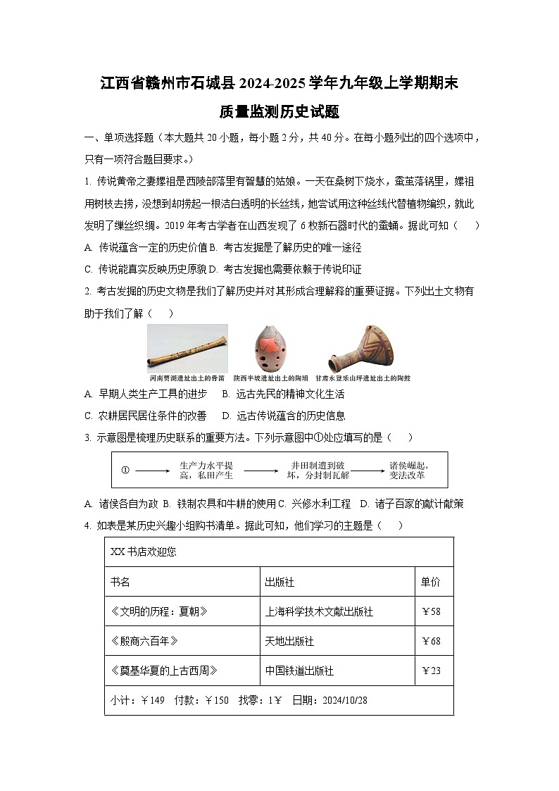 江西省赣州市石城县2024-2025学年九年级上学期期末质量监测历史试题（学生版）第1页