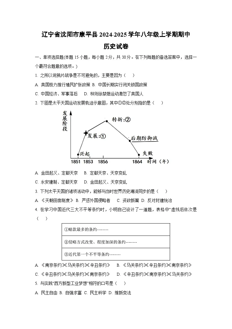 辽宁省沈阳市康平县2024-2025学年八年级上学期期中历史试题（学生版）第1页