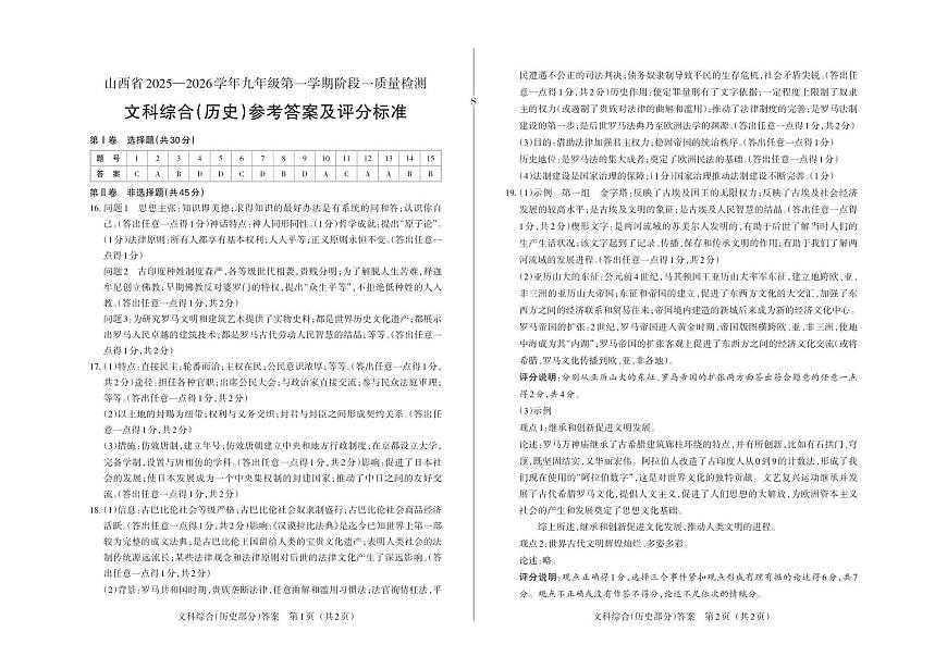 九年级历史（私立）・ 答案第1页