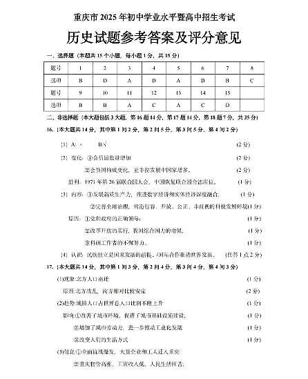 2025《重庆市初中学业水平考试》历史答案第1页