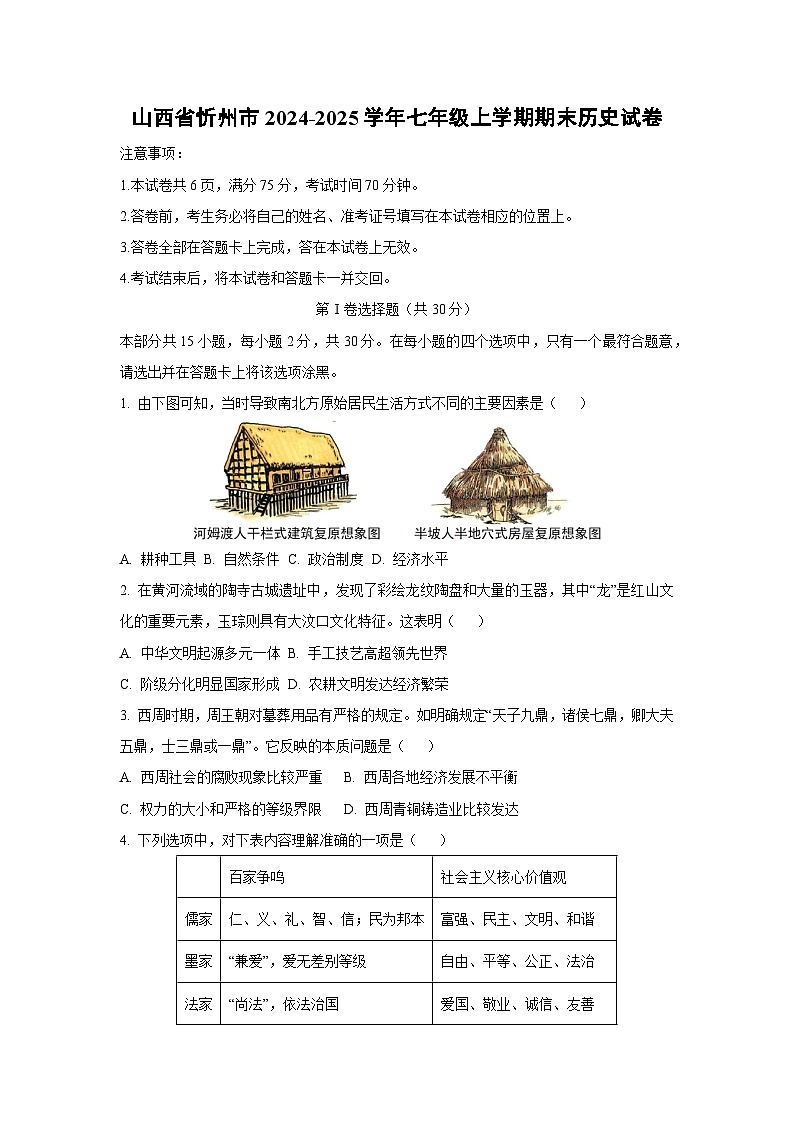 山西省忻州市2024-2025学年七年级上学期期末历史试题（学生版）第1页