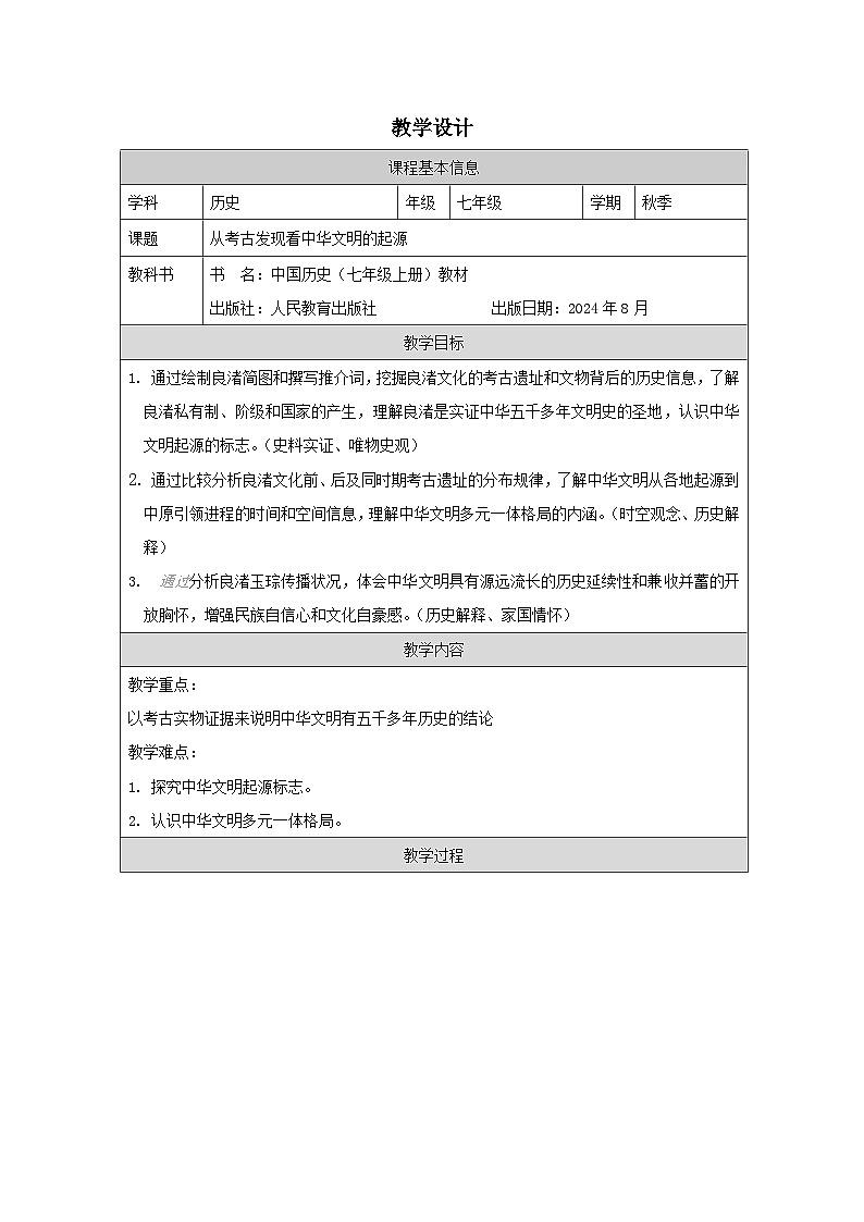 统编版2024历史七年级上册第21课从考古发现看中华文明的起源-教学设计（表格式）第1页