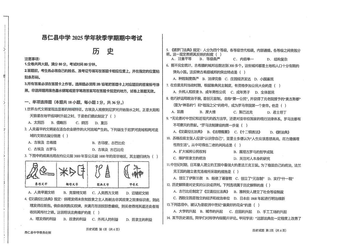 西藏自治区日喀则市昂仁县2025-2026学年九年级上学期期中考试历史试卷第1页