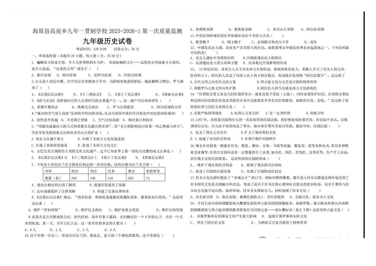 宁夏中卫市海原县高崖乡2025-2026学年九年级上学期第一次质量监测历史试题（月考）第1页