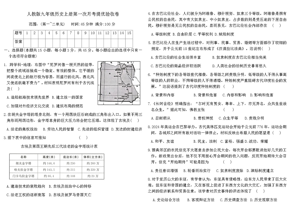 人教版九年级历史上册第一次月考提优验收卷（含答案）第1页