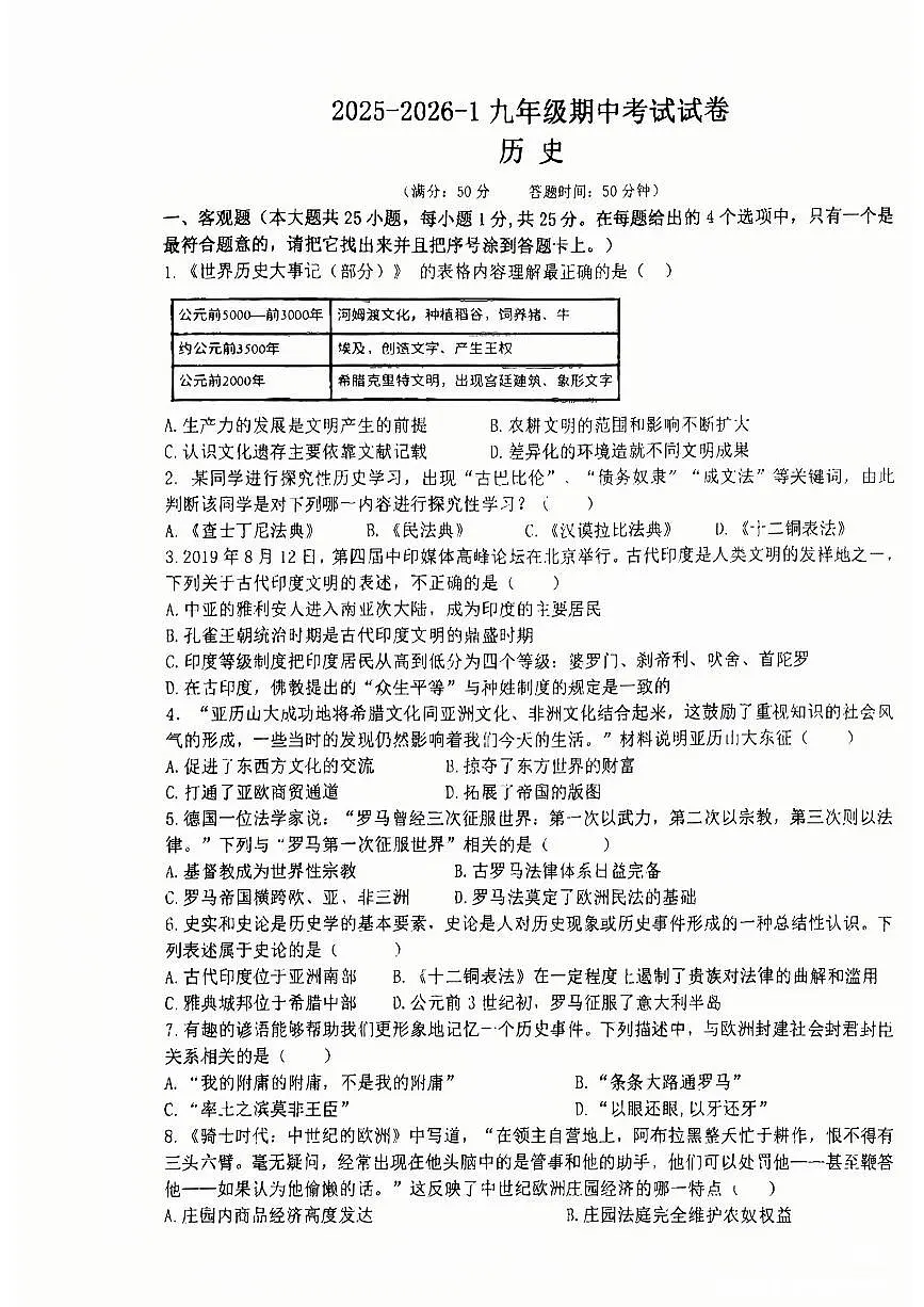 甘肃省兰州市第三十五中学2025-2026学年部编版九年级历史上学期期中测试题第1页