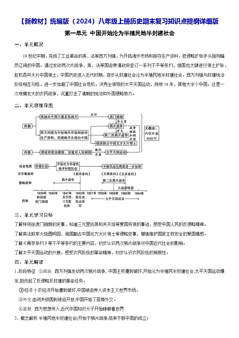 【新教材】统编版（2024）八年级上册历史期末复习知识点提纲详细版 讲义第1页