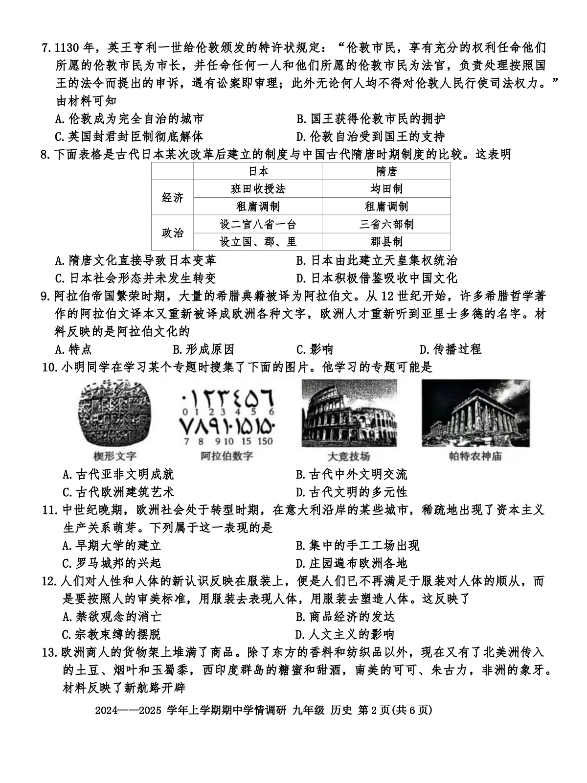 2024-2025河南省平顶山市鲁山县第六教研区九年级上学期历史期中测试卷（含答案）第2页