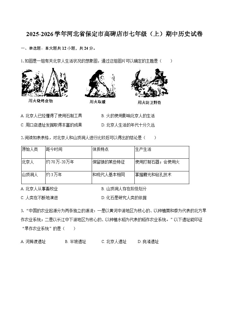 2025-2026学年河北省保定市高碑店市七年级（上）期中历史试卷（含答案）第1页