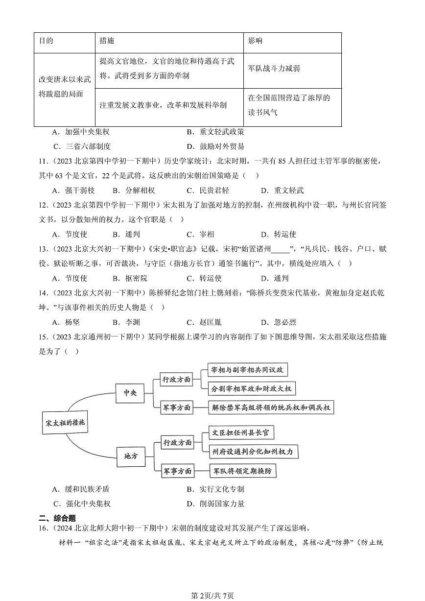 2023-2025北京重点校初一（下）期中历史汇编：北宋的政治第2页