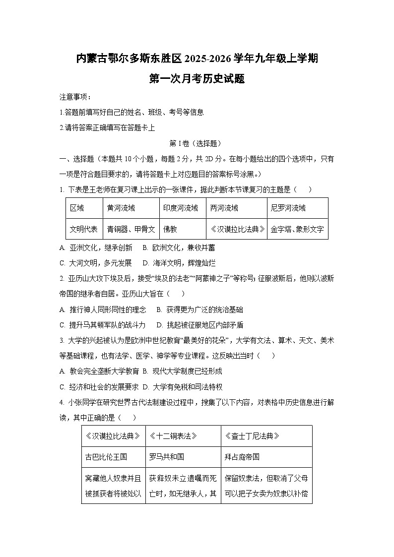 2025~2026学年内蒙古鄂尔多斯东胜区九年级（上）第一次月考历史试题（学生版）第1页