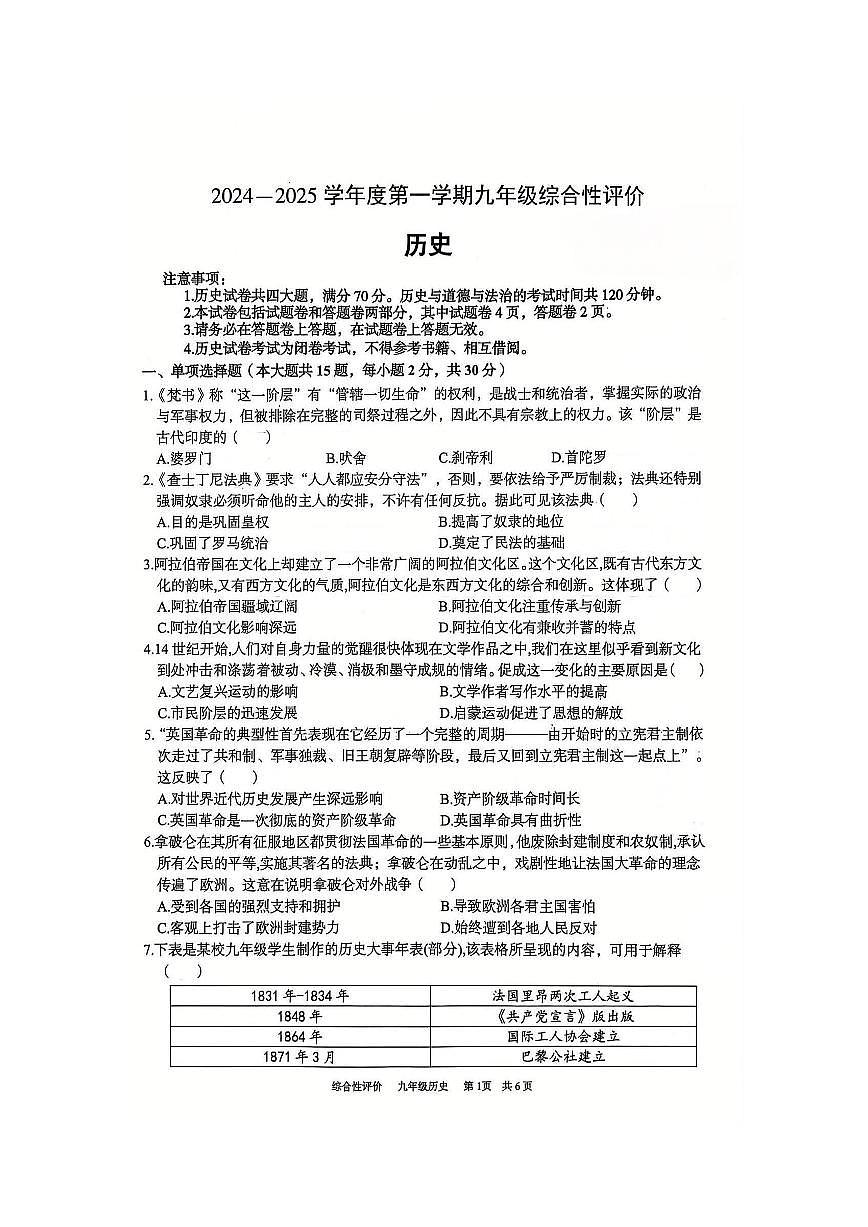 安徽省淮北市部分学校九年级上学期1月期末历史试卷第1页