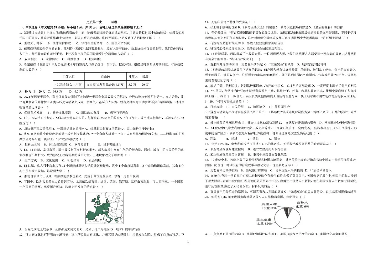 江西省新余市第四中学2025-2026学年部编版九年级上学期10月阶段性检测历史试题（月考）第1页