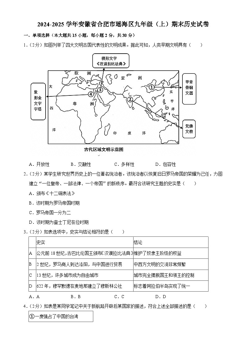 安徽省合肥市瑶海区九年级上学期期末历史试卷-A4第1页
