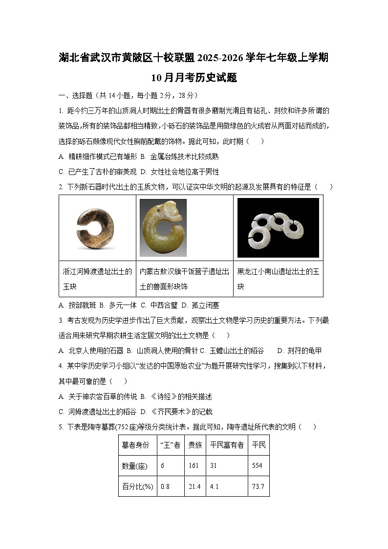2025~2026学年湖北省武汉市黄陂区十校联盟七年级（上）10月月考历史试题（学生版）第1页