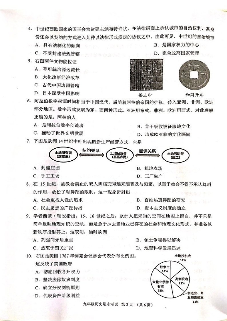 2023-2024学年九年级上学期天河区期末考试历史试题（学生版）第2页
