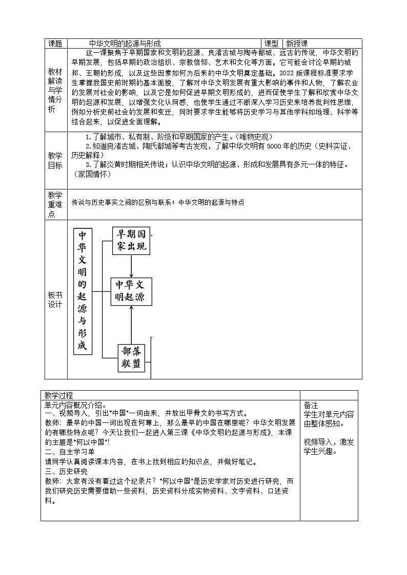 统编版历史七年级上册 第3课 中华文明的起源与形成 教学设计第1页