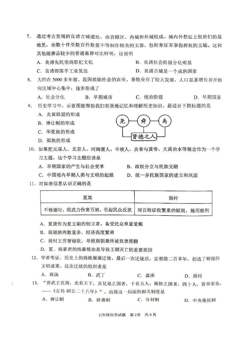 山东省枣庄市峄城区2025—2026学年七年级上学期期中历史试题第2页
