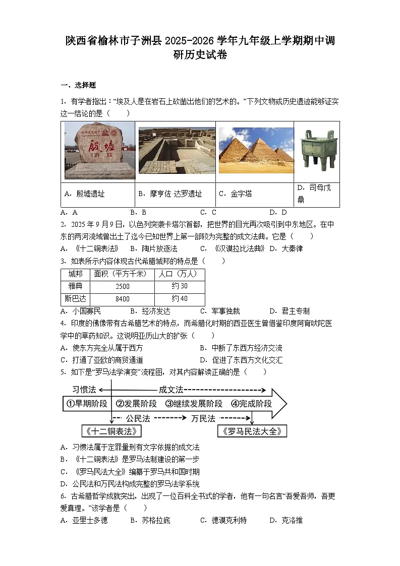 陕西省榆林市子洲县2025-2026学年九年级上学期期中调研历史试卷第1页