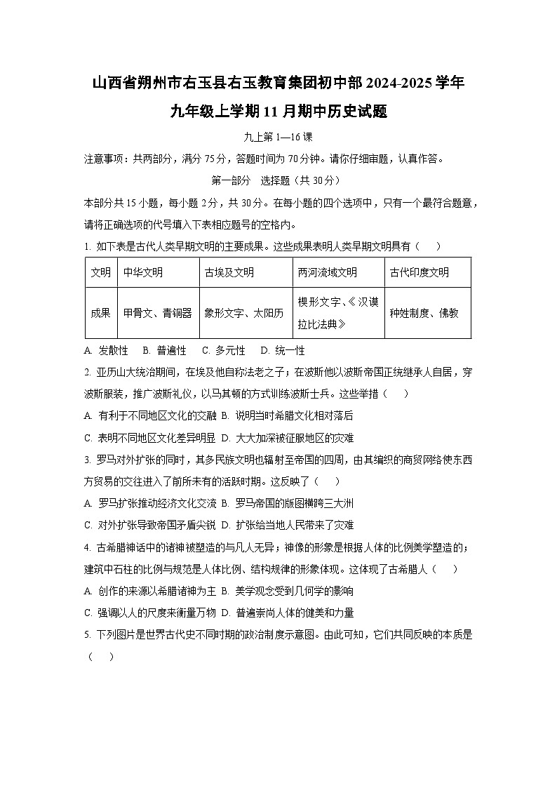 山西省朔州市右玉县右玉教育集团初中部2024-2025学年九年级上学期11月期中历史试卷（学生版）第1页