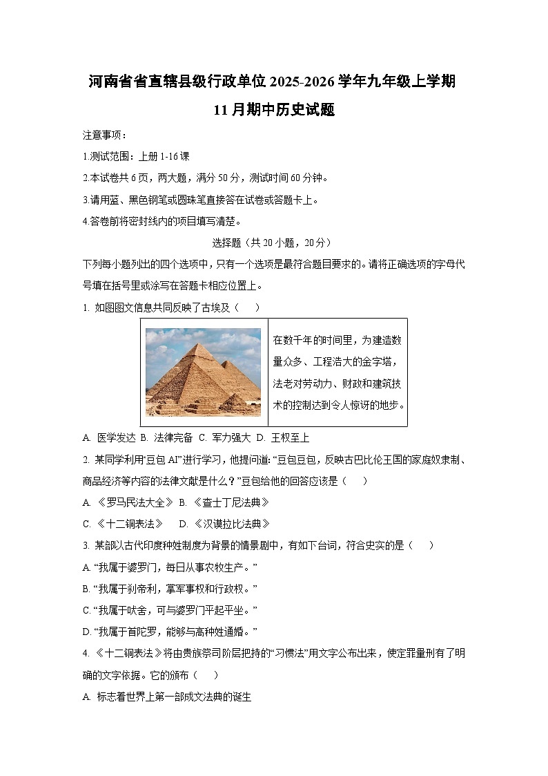 河南省省直辖县级行政单位2025-2026学年九年级上学期11月期中历史试卷（学生版）第1页