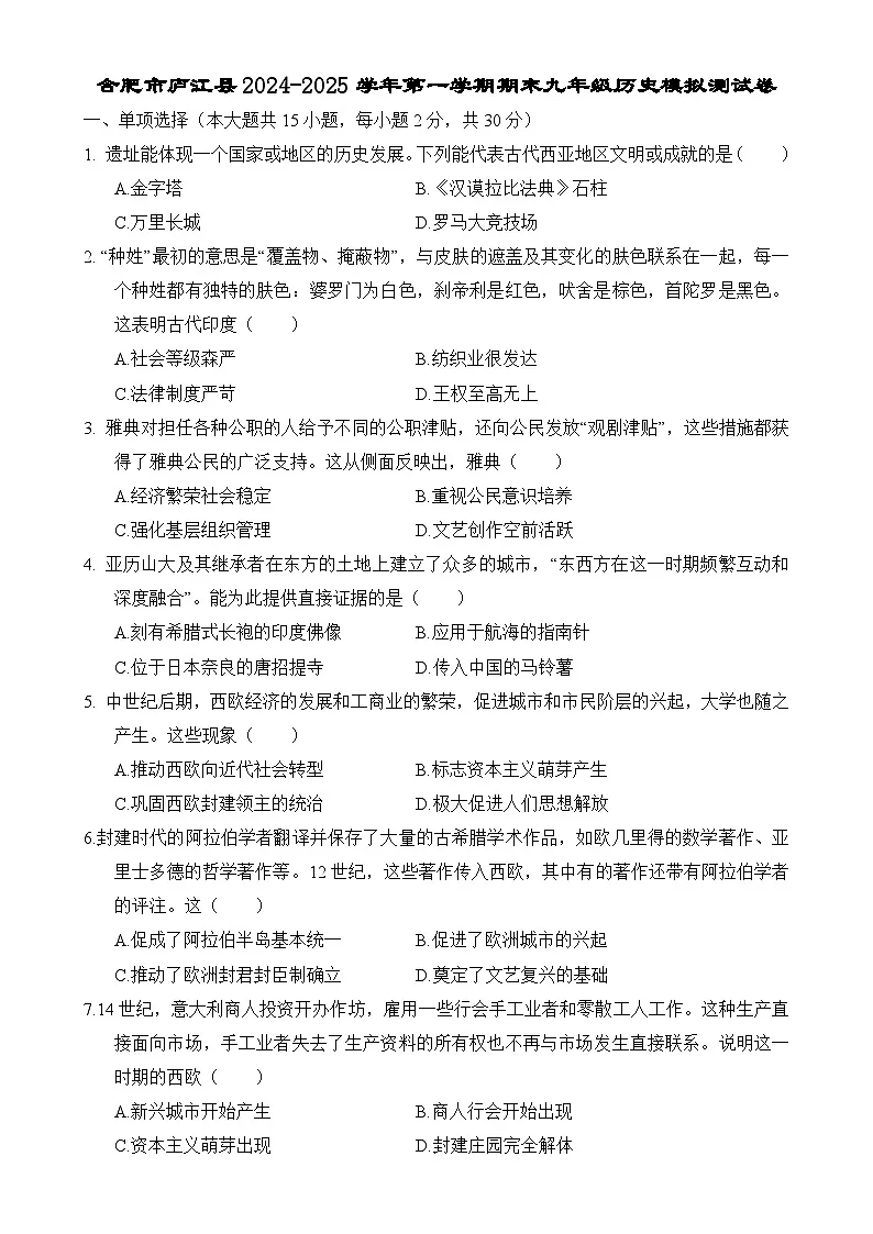 安徽省合肥市庐江县上学期期末九年级历史模拟测试卷-A4第1页