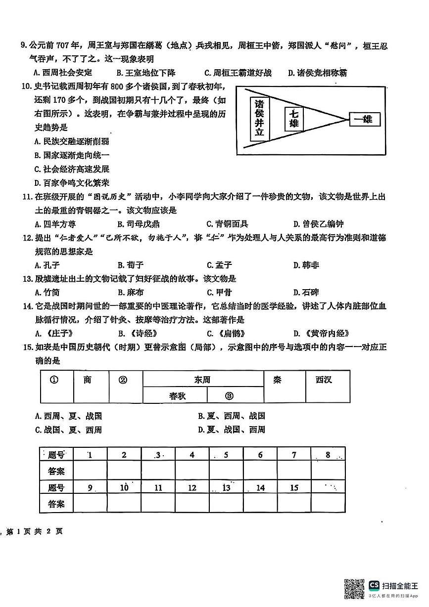 江苏省盐城市康居路初中教育集团2025-2026学年统编版七年级上学期期中考试历史试卷第2页