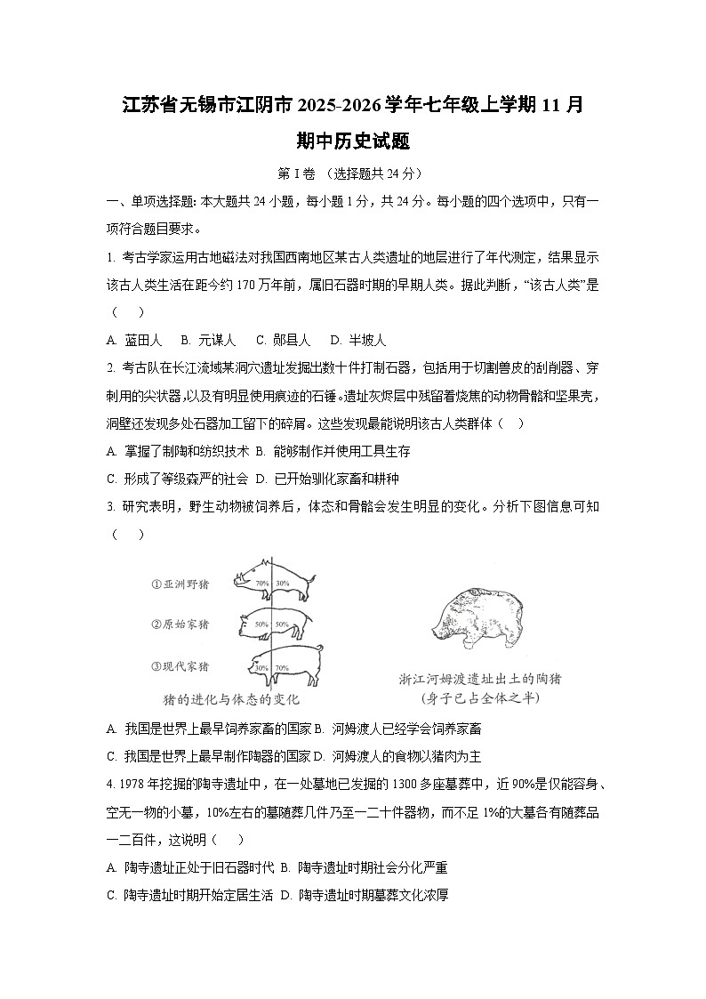 江苏省无锡市江阴市2025-2026学年七年级上学期11月期中历史试卷（学生版）第1页