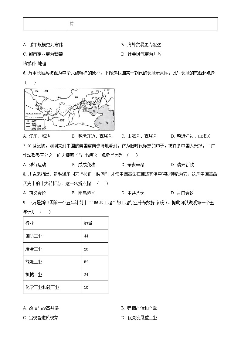 2025年安徽省初中学业水平考试模拟（四）历史试题（原卷版）-A4第2页