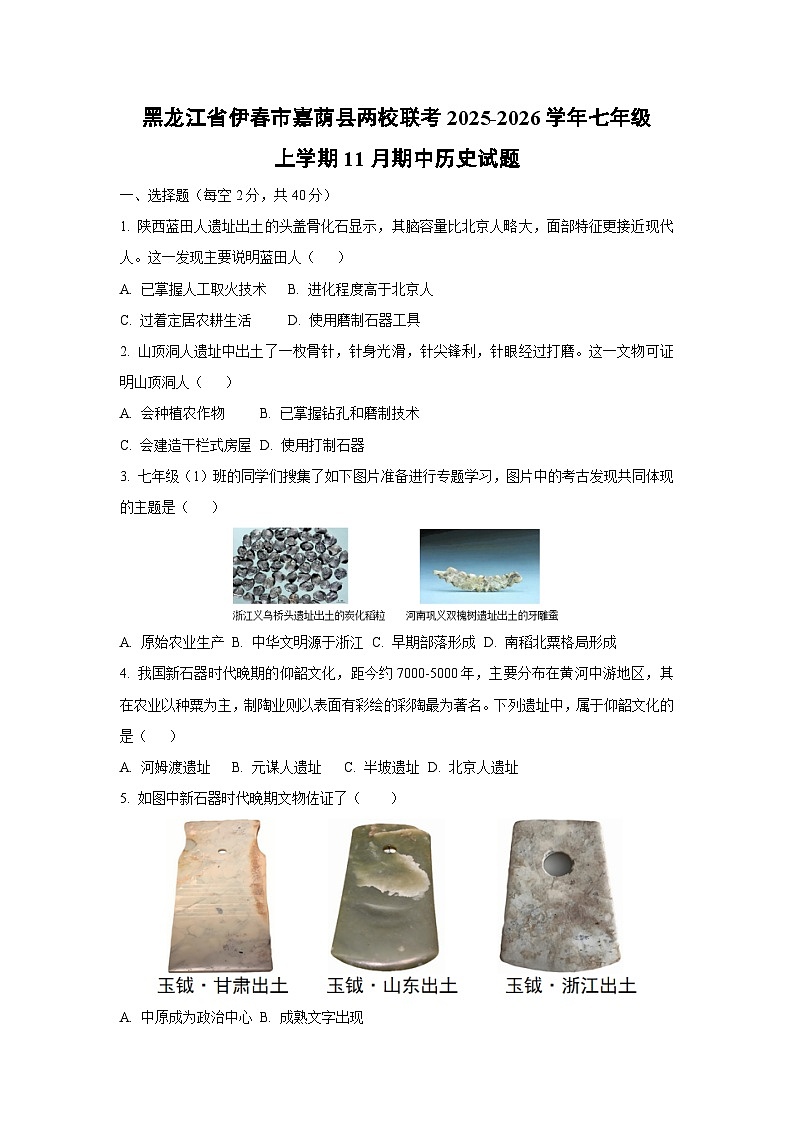 黑龙江省伊春市嘉荫县两校联考2025-2026学年七年级上学期11月期中历史试卷（学生版）第1页