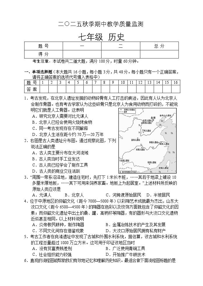 湖南省张家界市慈利县2025-2026学年七年级上学期期中考试 历史试题第1页