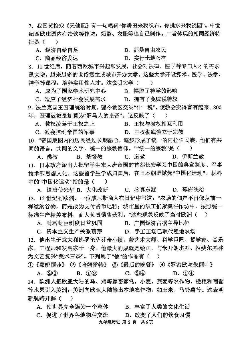 河南省漯河市召陵区2025-2026学年九年级上学期11月期中 历史试题第2页
