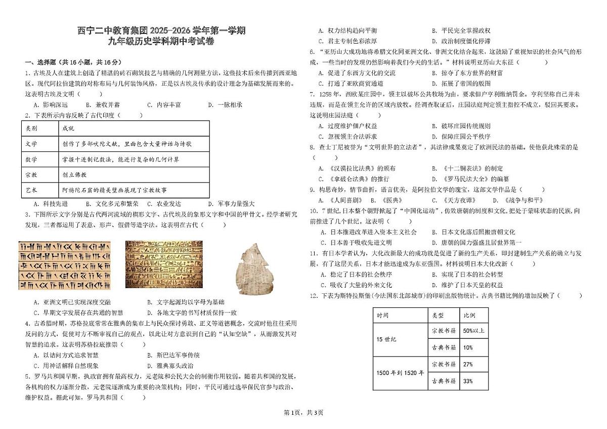 青海省西宁二中教育集团2025-2026学年九年级上学期期中历史试卷第1页