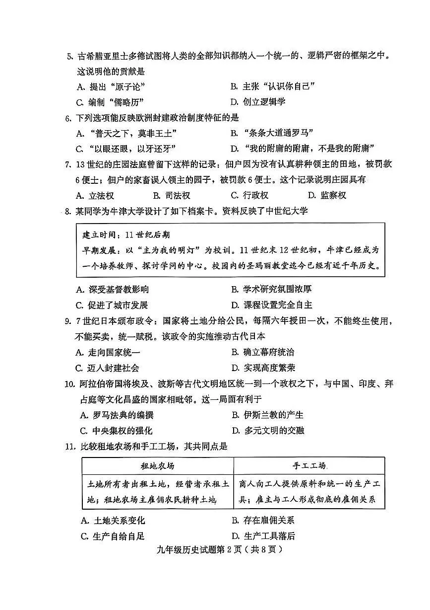 山东省潍坊市诸城市2025-2026学年九年级上学期11月期中历史试题第2页
