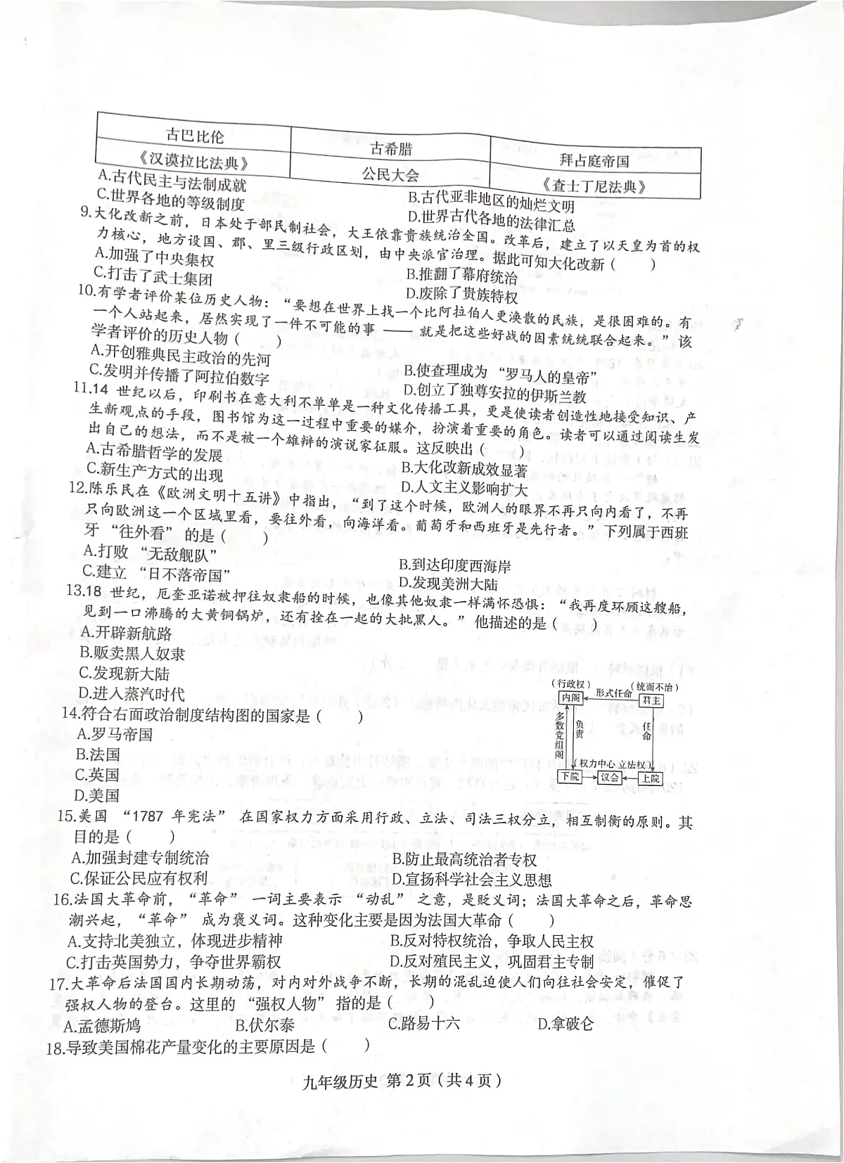 河南省项城市新华学校2025-2026学年九年级上学期11月期中历史试题第2页
