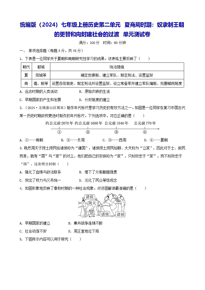 统编版（2024）七年级上册历史第二单元 夏商周时期：奴隶制王朝的更替和向封建社会的过渡 单元测试卷（含答案）第1页