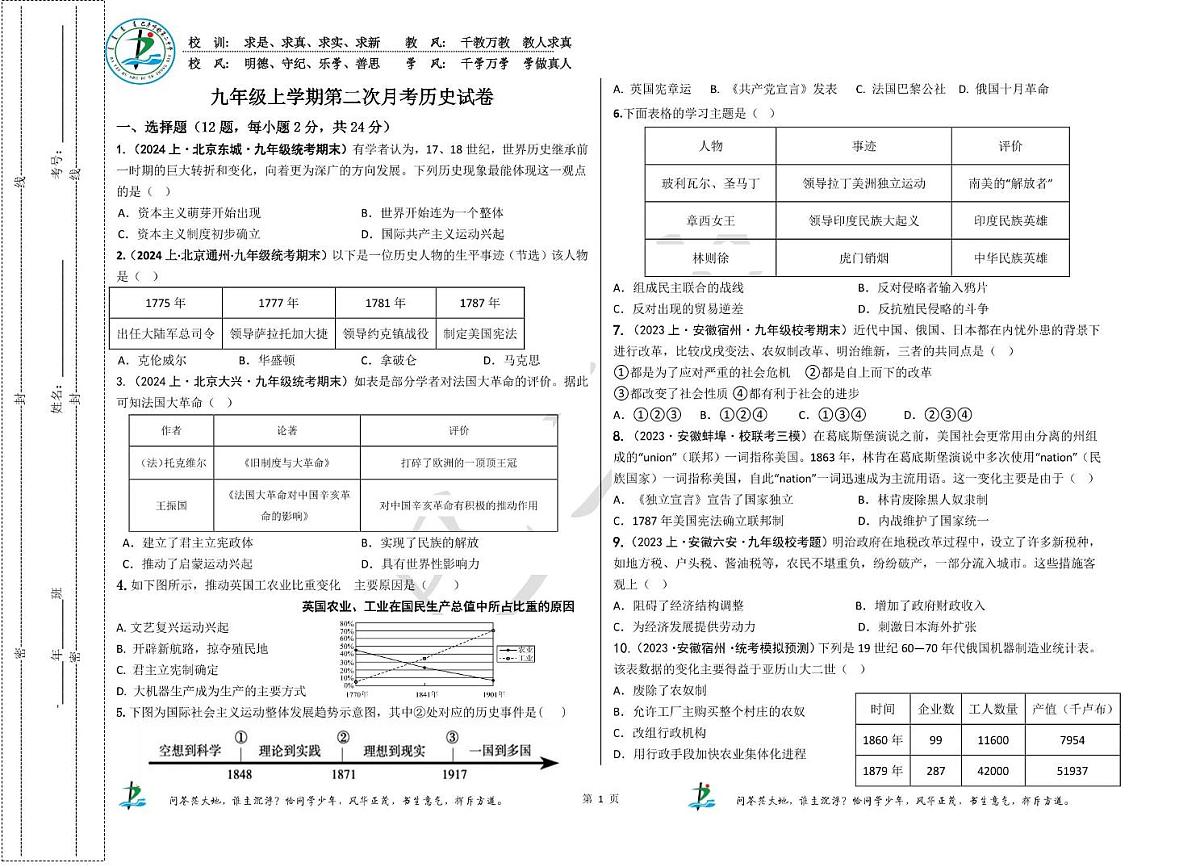 内蒙古科尔沁右翼中旗巴彦呼舒第二中学2025-2026学年九年级上学期第二次月考历史试卷第1页