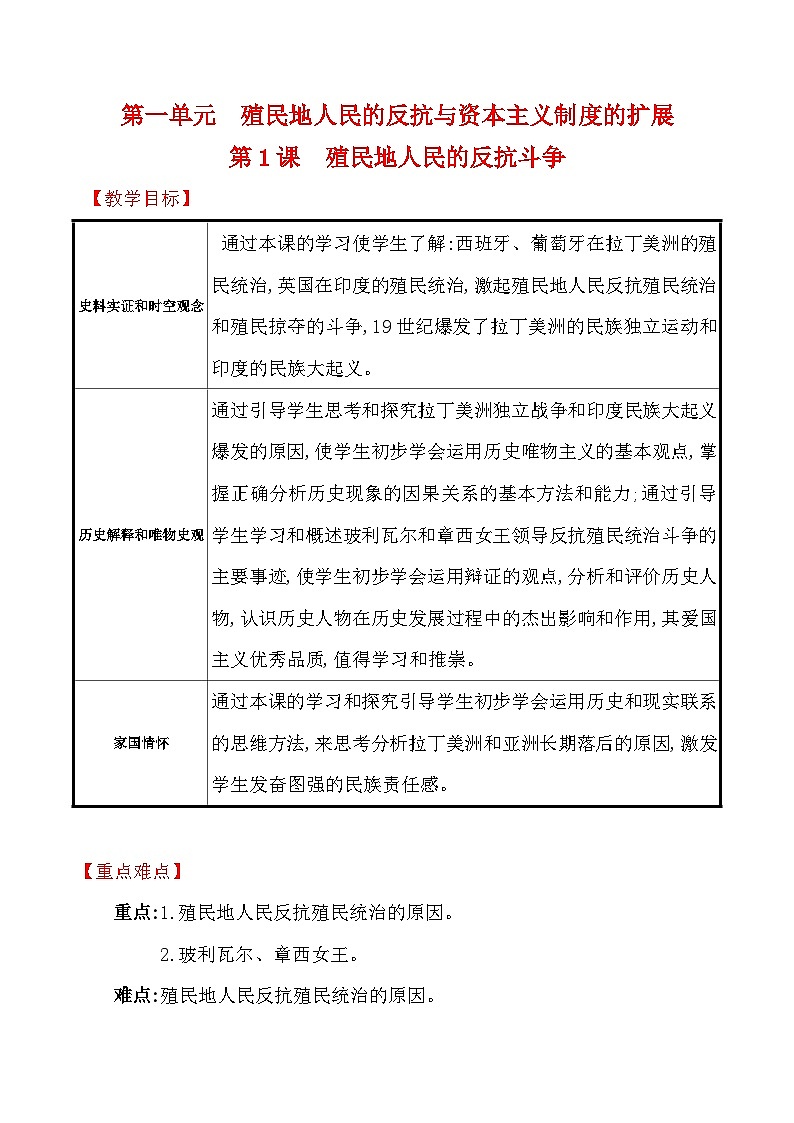 1.1殖民地人民的反抗斗争 教学设计—2025—2026学年九年级下册《历史》统编版第1页