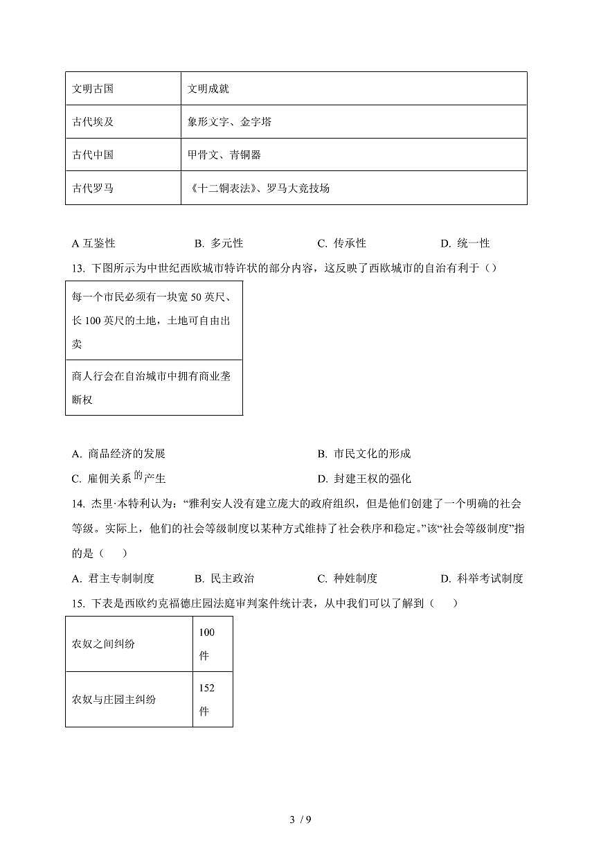 海南省乐东黎族自治县民族中学2025~2026学年九年级上册（10月）月考历史试卷（含答案）第3页