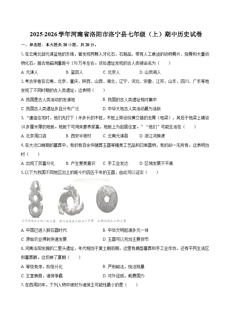 2025-2026学年河南省洛阳市洛宁县七年级（上）期中历史试卷-自定义类型第1页