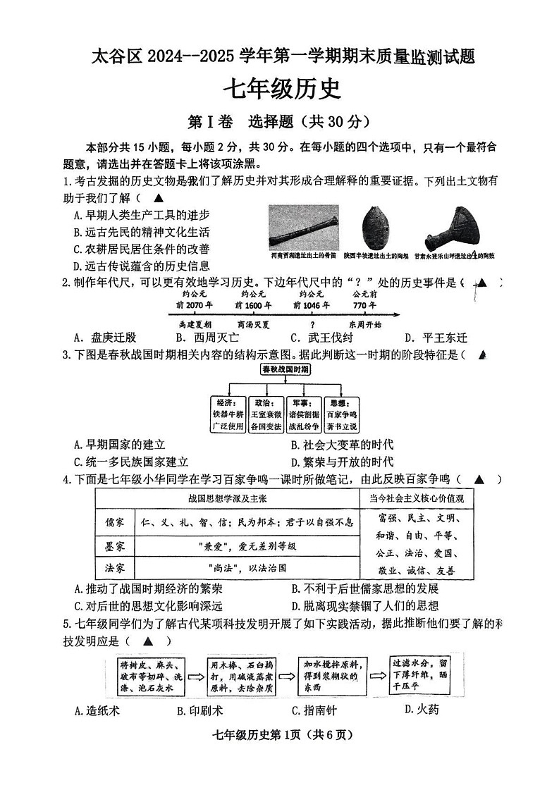 山西省晋中市太谷区2024-2025学年七年级上学期1月期末历史试题第1页