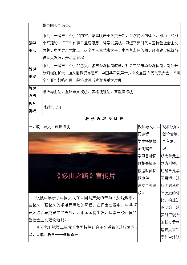 人教版部编初中历史八下第三单元《中国特色社会主义道路》大单元教学设计第2页