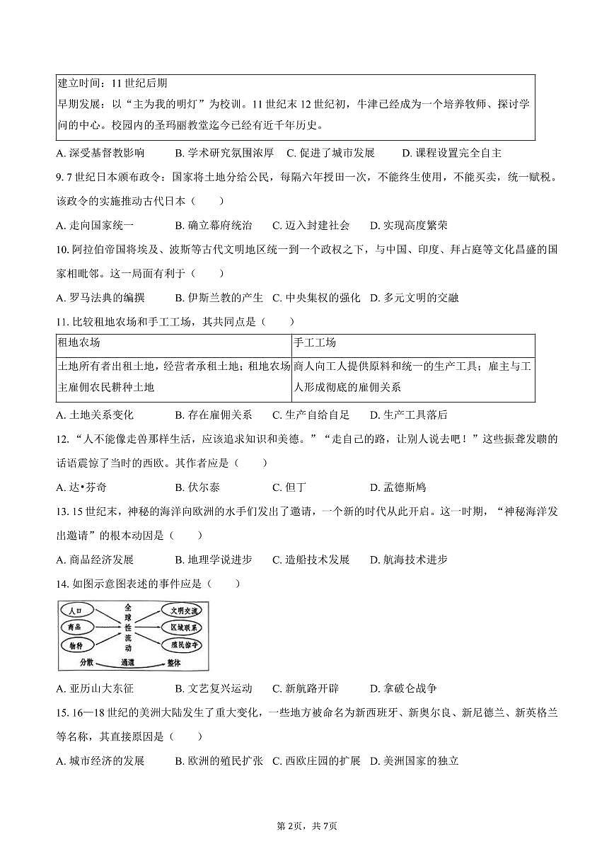 2025-2026学年山东省潍坊市诸城市九年级（上）期中历史试卷（含答案）第2页