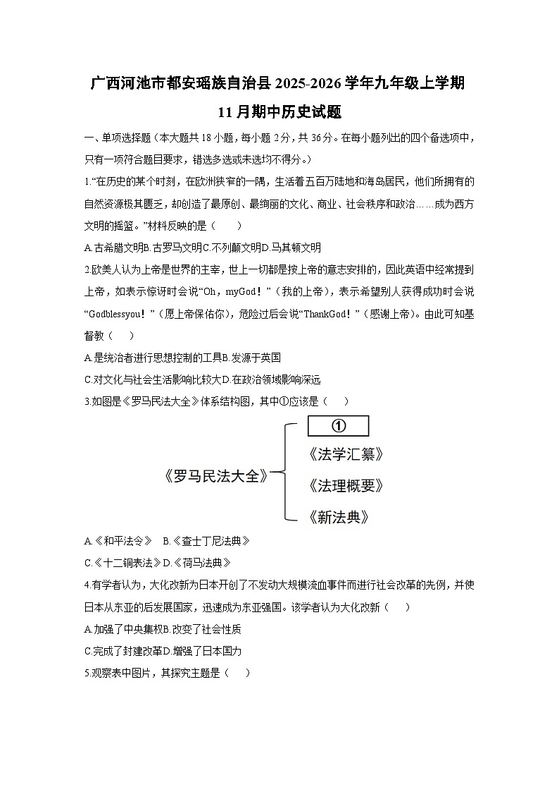 广西河池市都安瑶族自治县2025-2026学年九年级上学期11月期中历史试卷（学生版）第1页