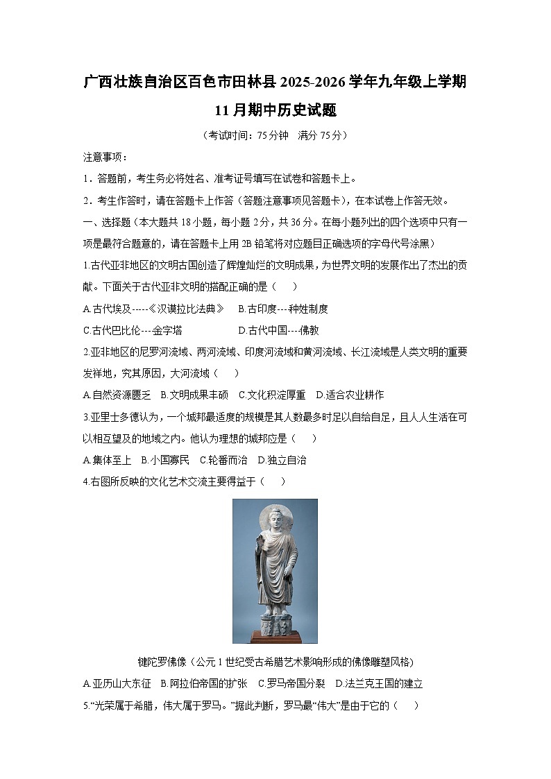 广西壮族自治区百色市田林县2025-2026学年九年级上学期11月期中历史试卷（学生版）第1页