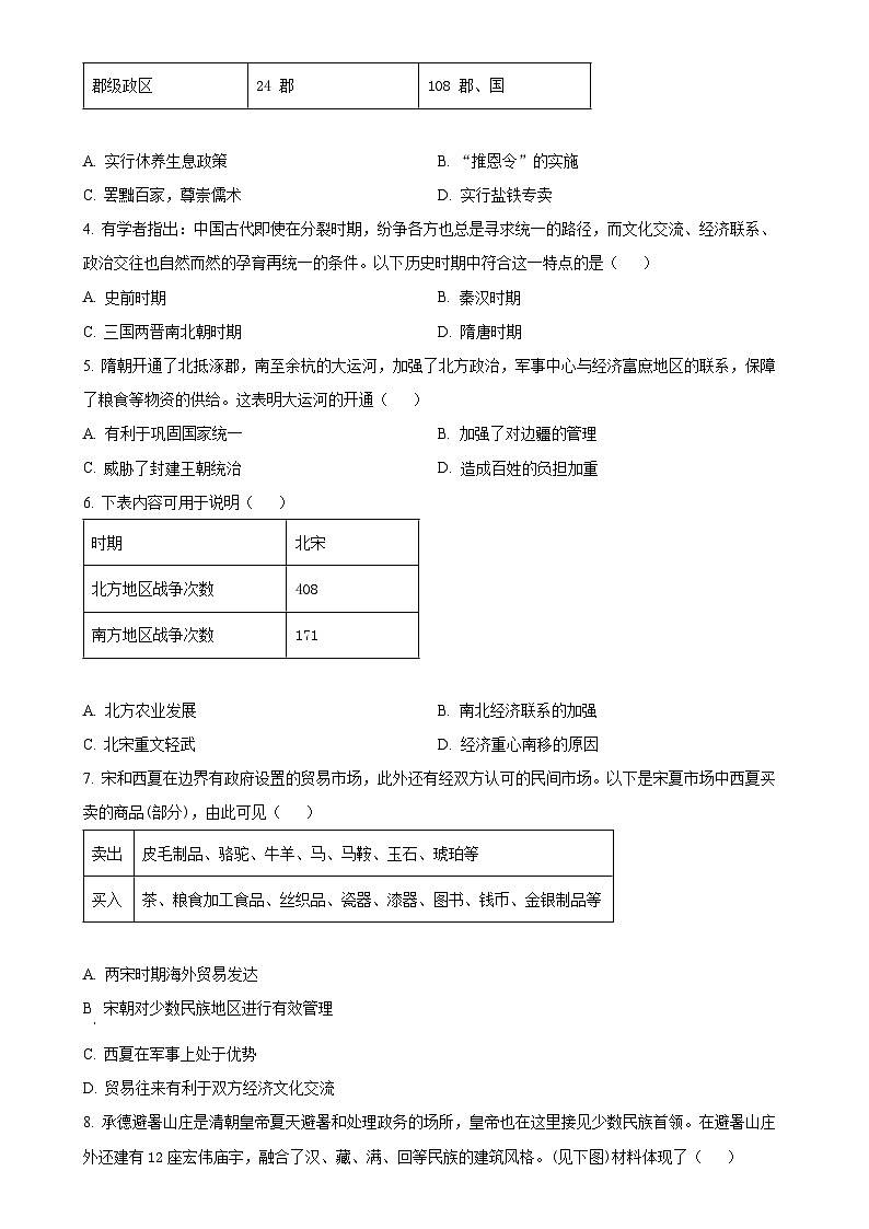 北京市朝阳区九年级上学期期末历史试题（原卷版）-A4第2页