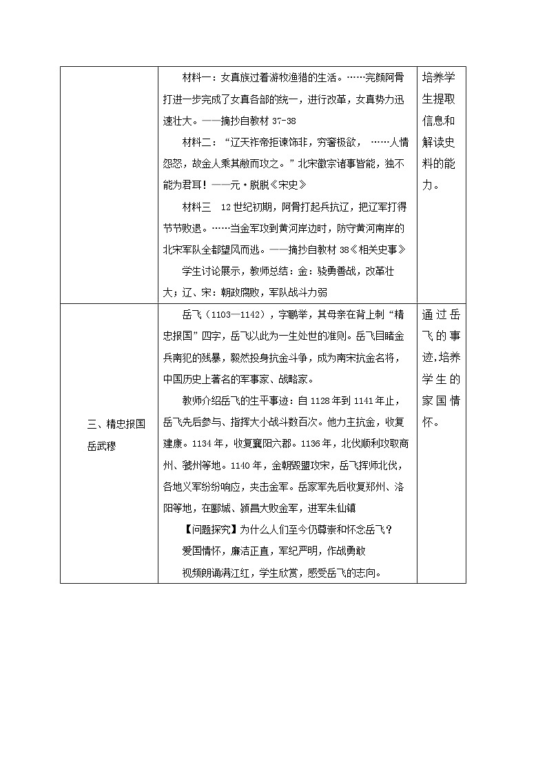 人教版中国历史七年级下册第8课 金与南宋的对峙-表格式教案第3页