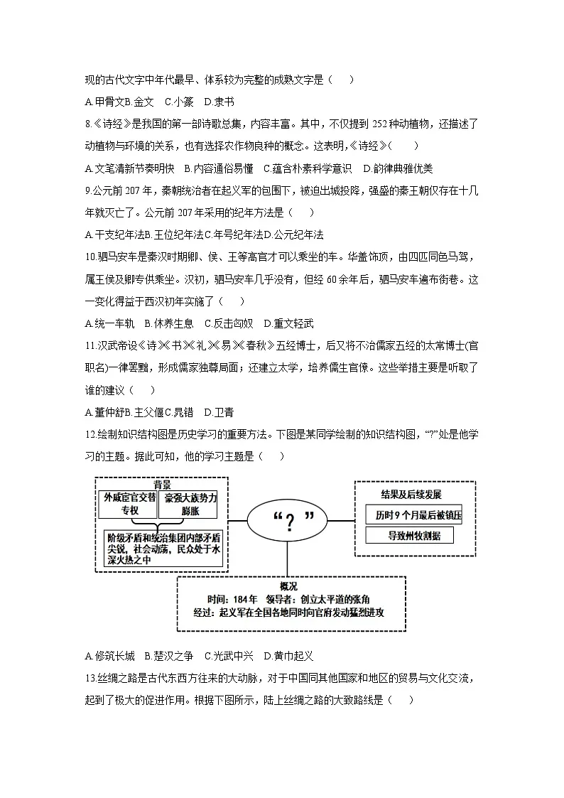 贵州省黔东南苗族侗族自治州2024-2025学年七年级上学期期末历史试卷（学生版）第2页